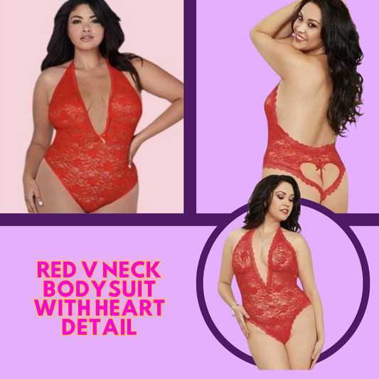 Red V Neck Bodysuit With Heart Detail